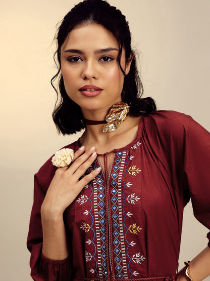 Women Maroon Poplin Embroidered Front Dori Midi Dress