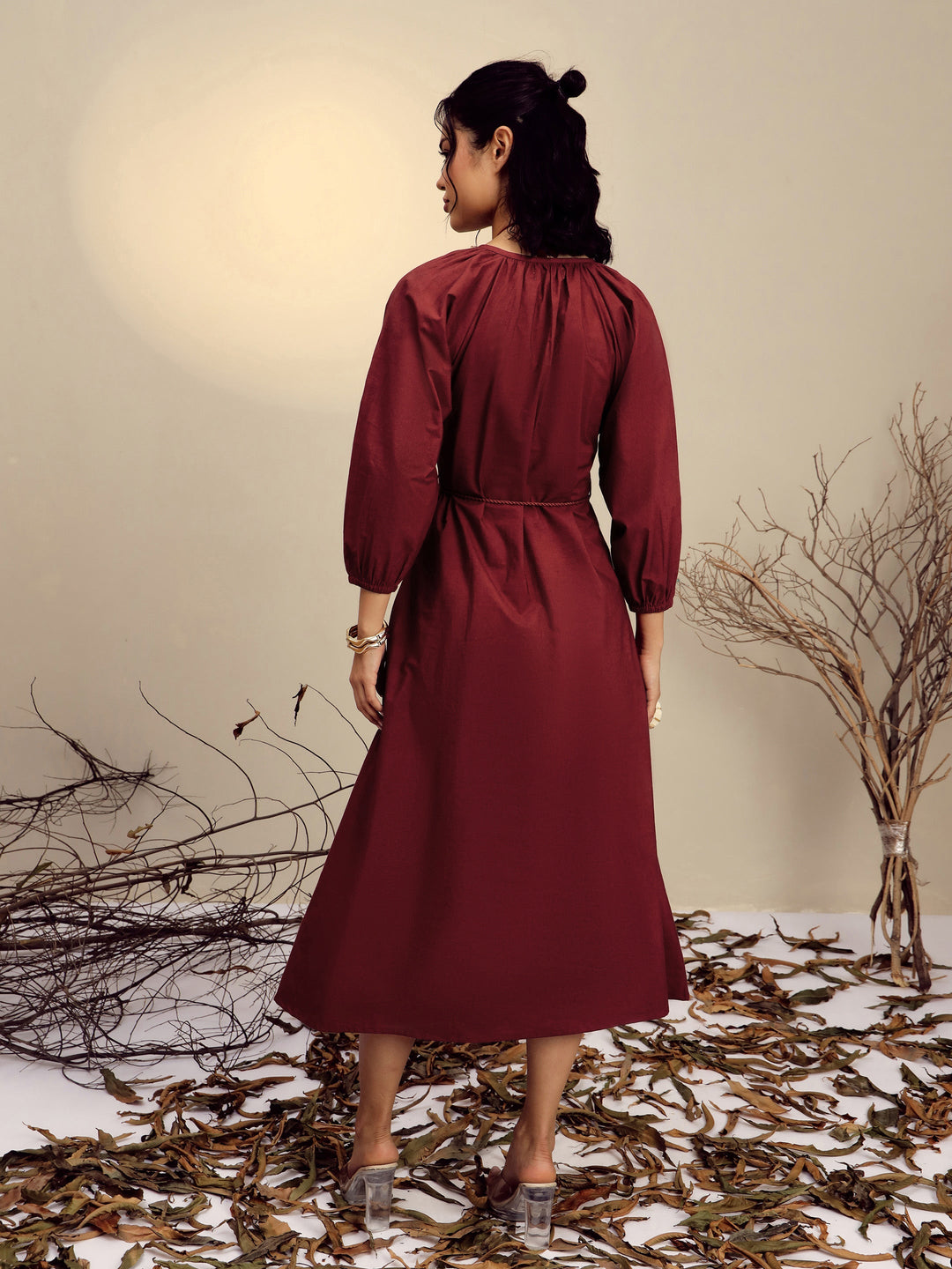 Women Maroon Poplin Embroidered Front Dori Midi Dress