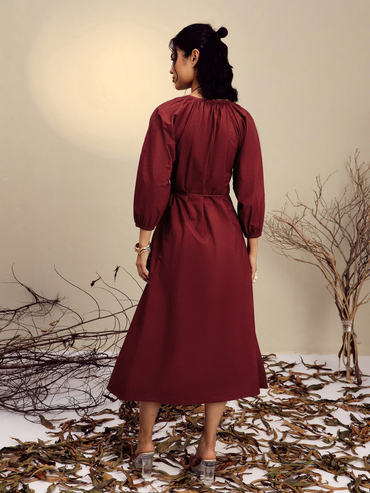 Women Maroon Poplin Embroidered Front Dori Midi Dress