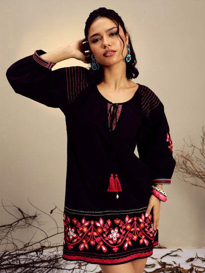 Women Black Poplin Embroidered A-Line Short Dress