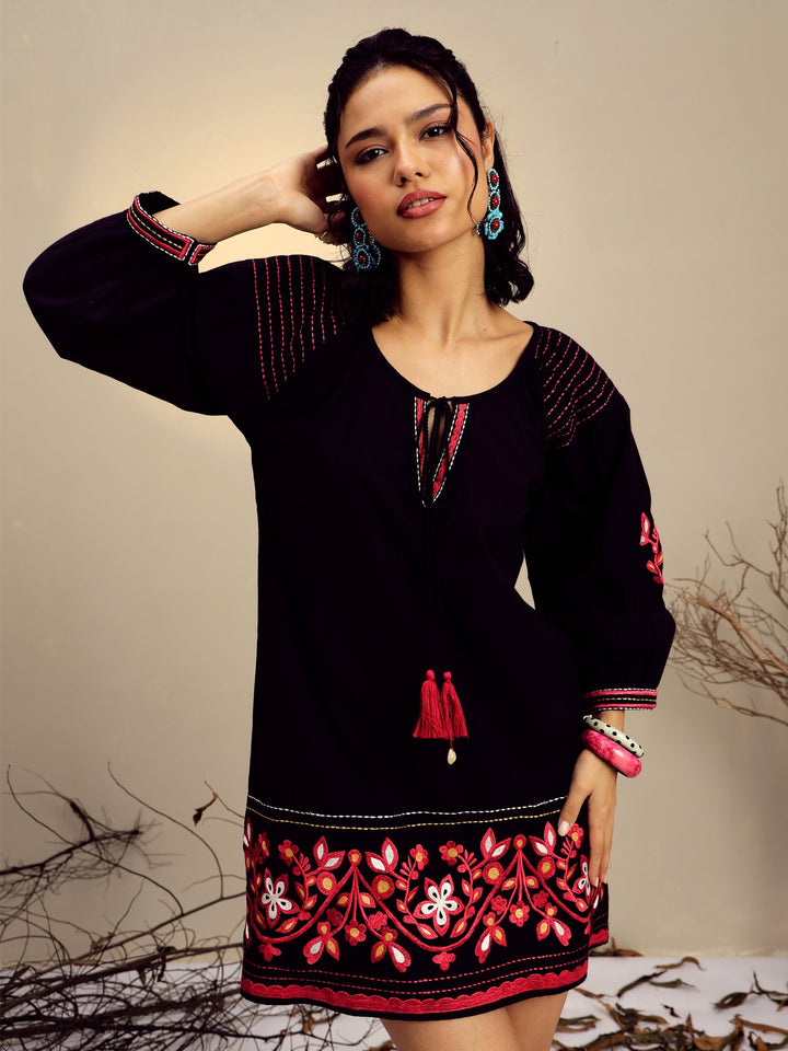 Women Black Poplin Embroidered A-Line Short Dress