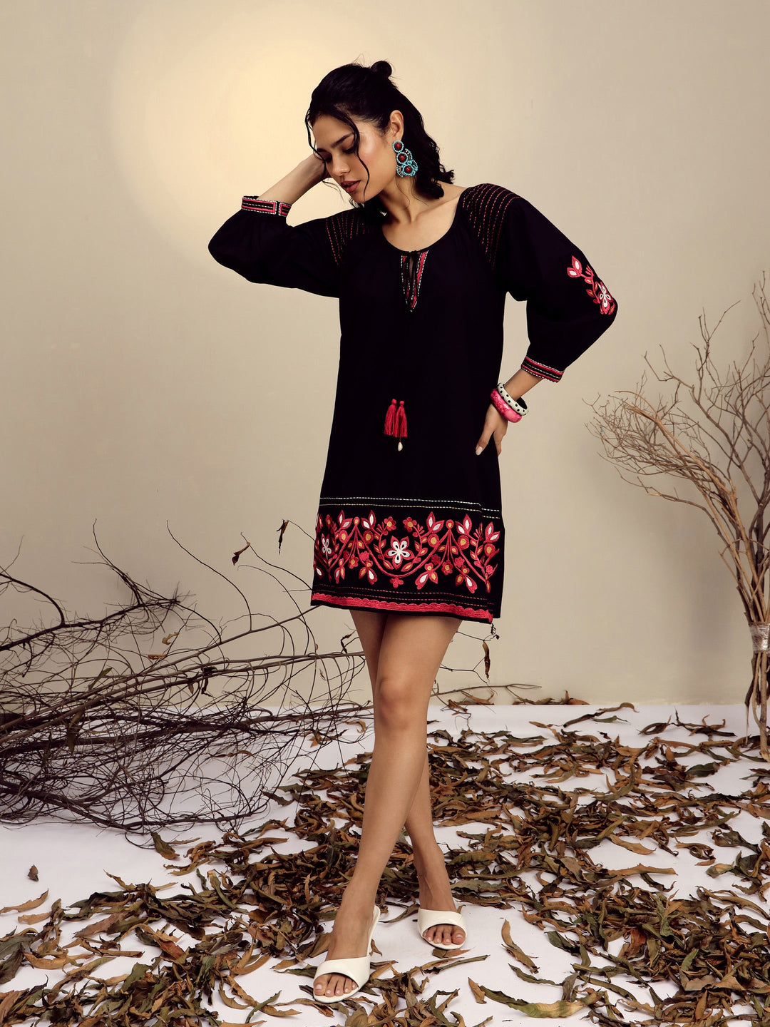Women Black Poplin Embroidered A-Line Short Dress