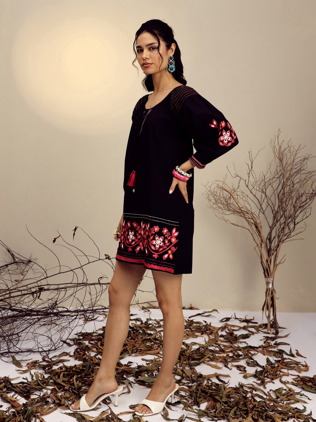 Women Black Poplin Embroidered A-Line Short Dress