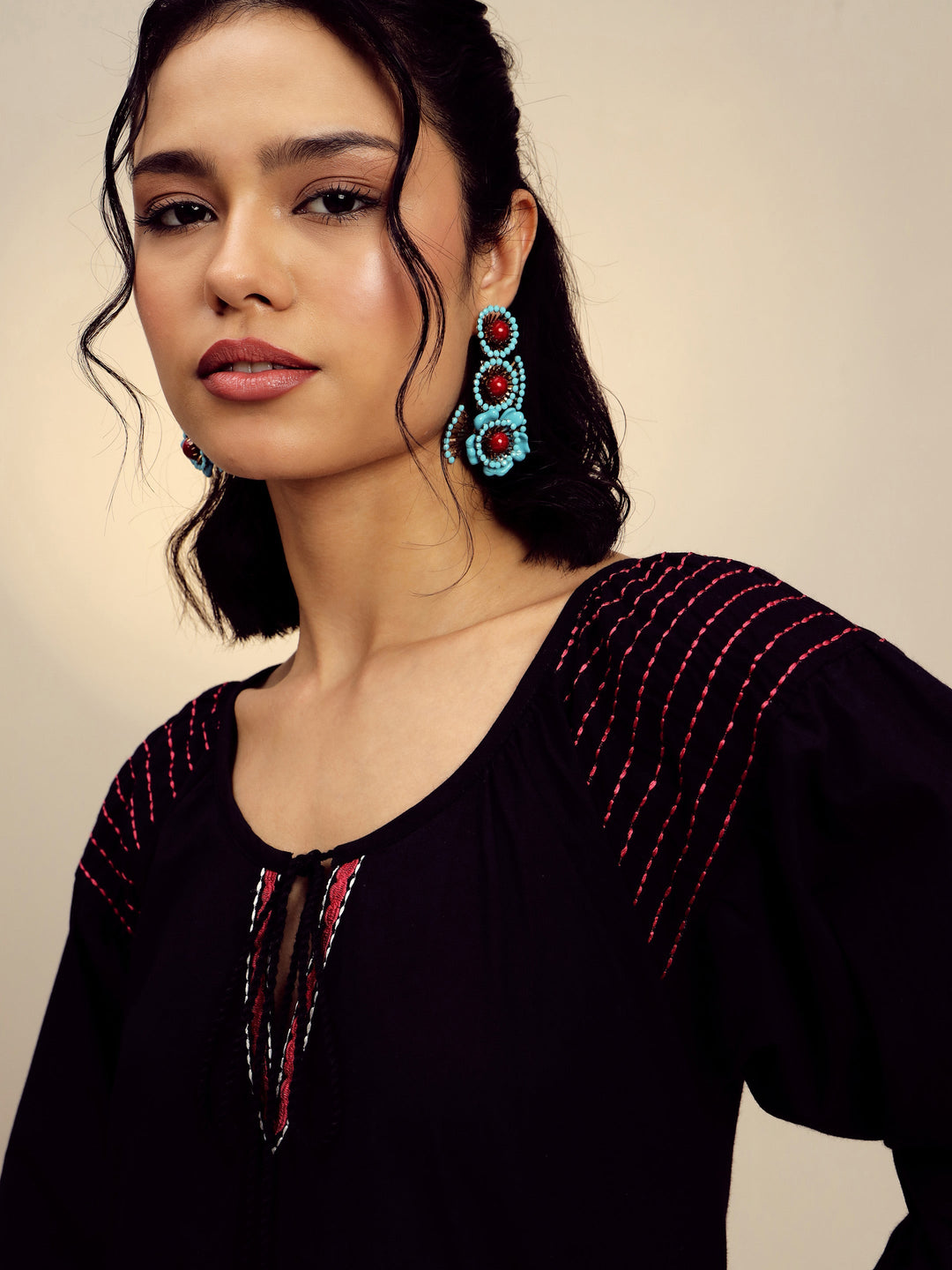 Women Black Poplin Embroidered A-Line Short Dress