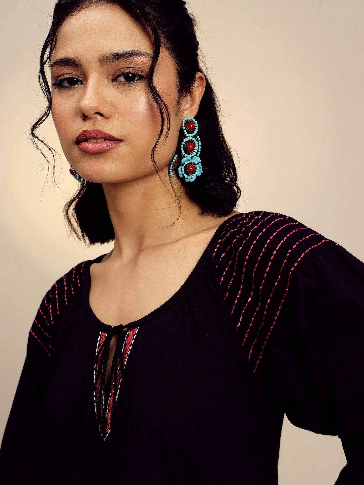 Women Black Poplin Embroidered A-Line Short Dress