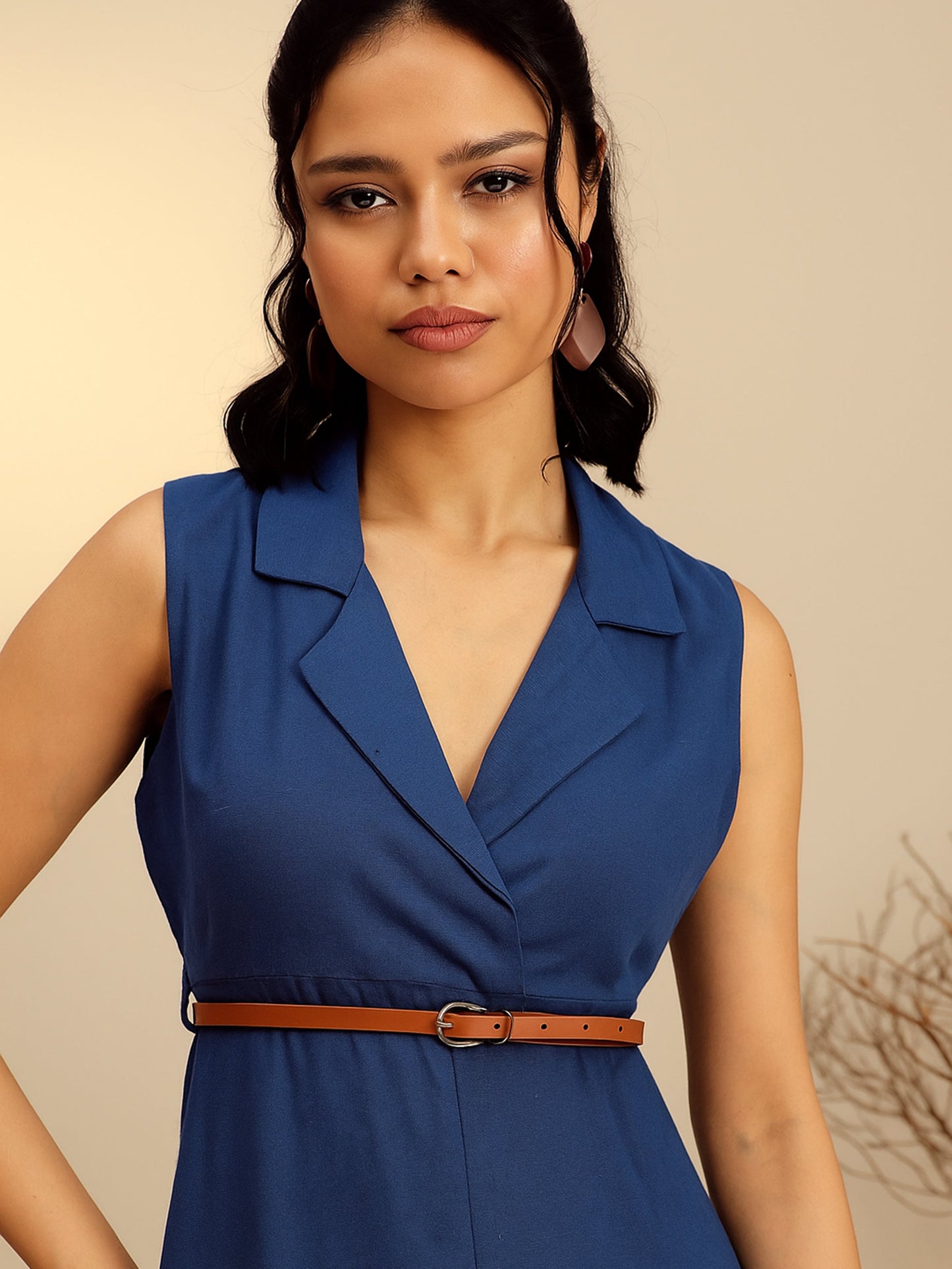 Navy Notch Collar Front Slit Midi Dress