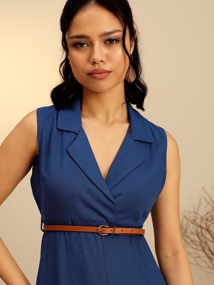 Navy Notch Collar Front Slit Midi Dress