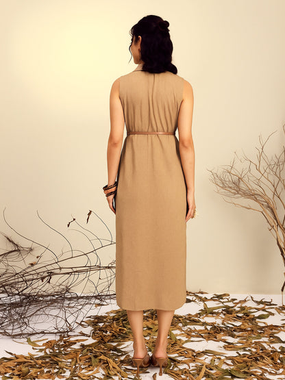 Beige Notch Collar Front Slit Midi Dress