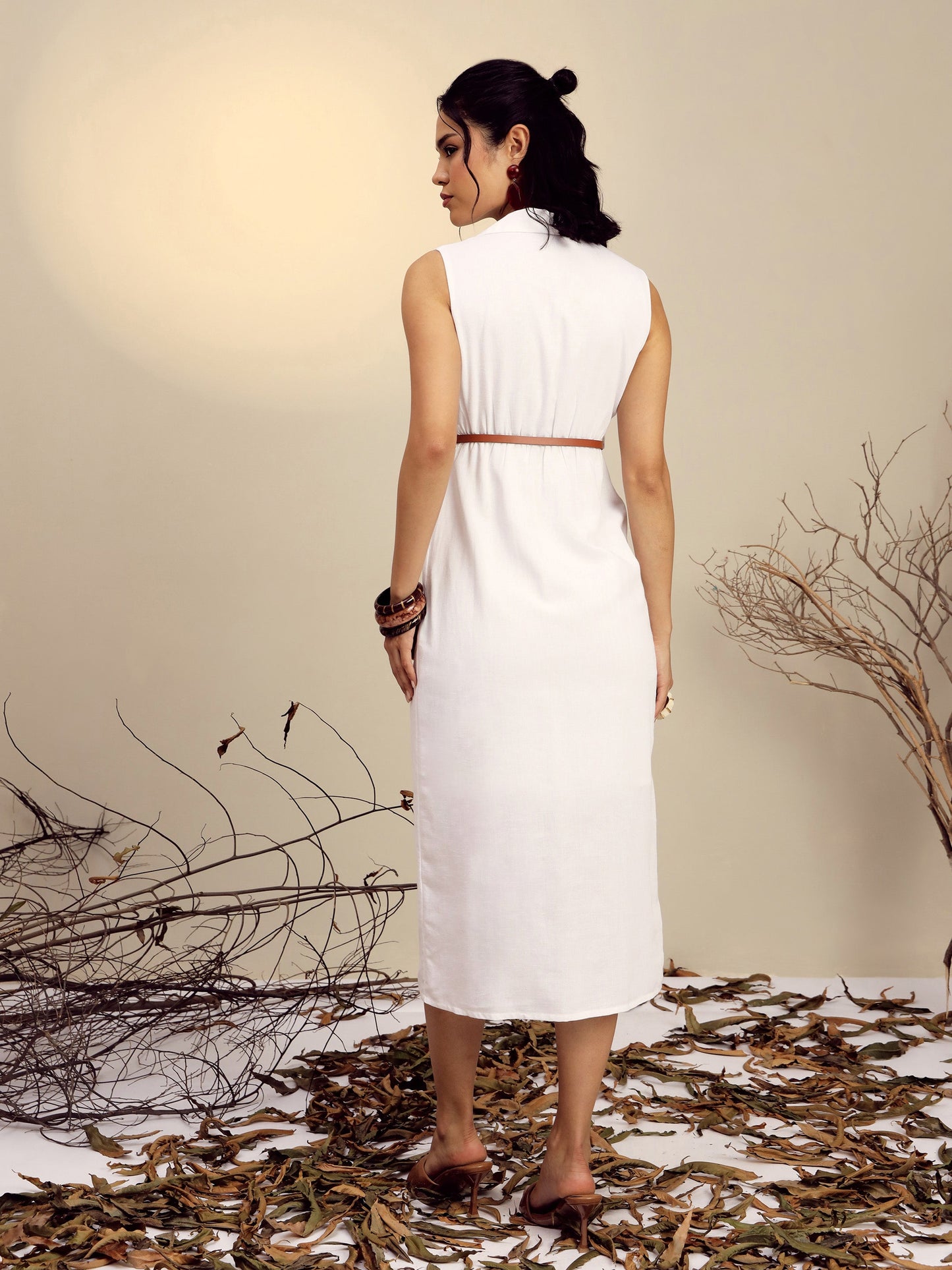 White Notch Collar Front Slit Midi Dress