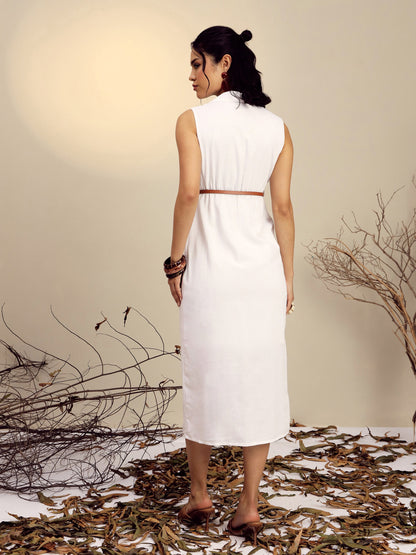 White Notch Collar Front Slit Midi Dress