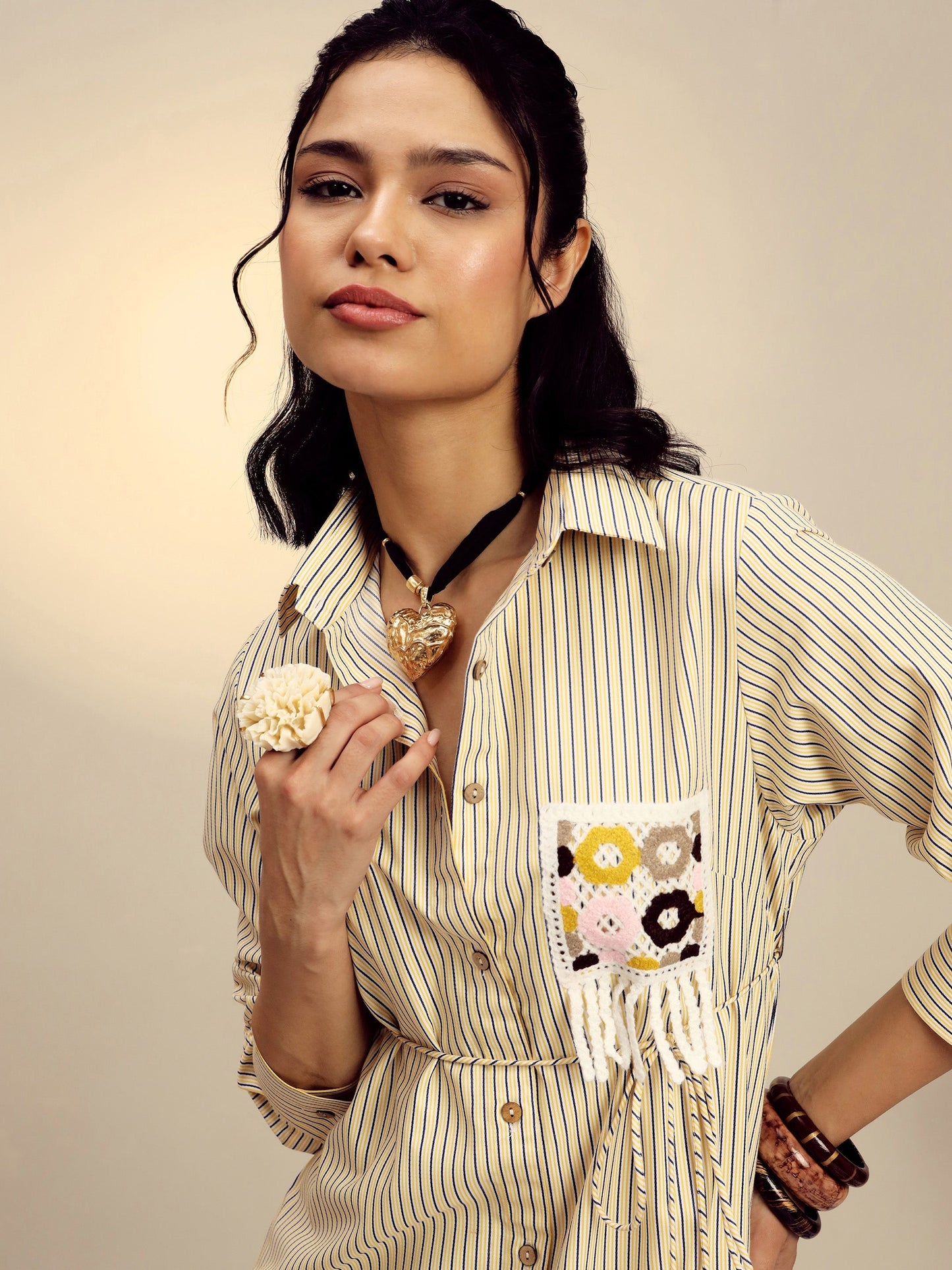 Yellow Striped Shirt Dress