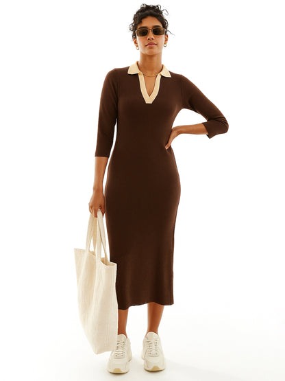 Brown Rib Contrast Collar Midi Dress