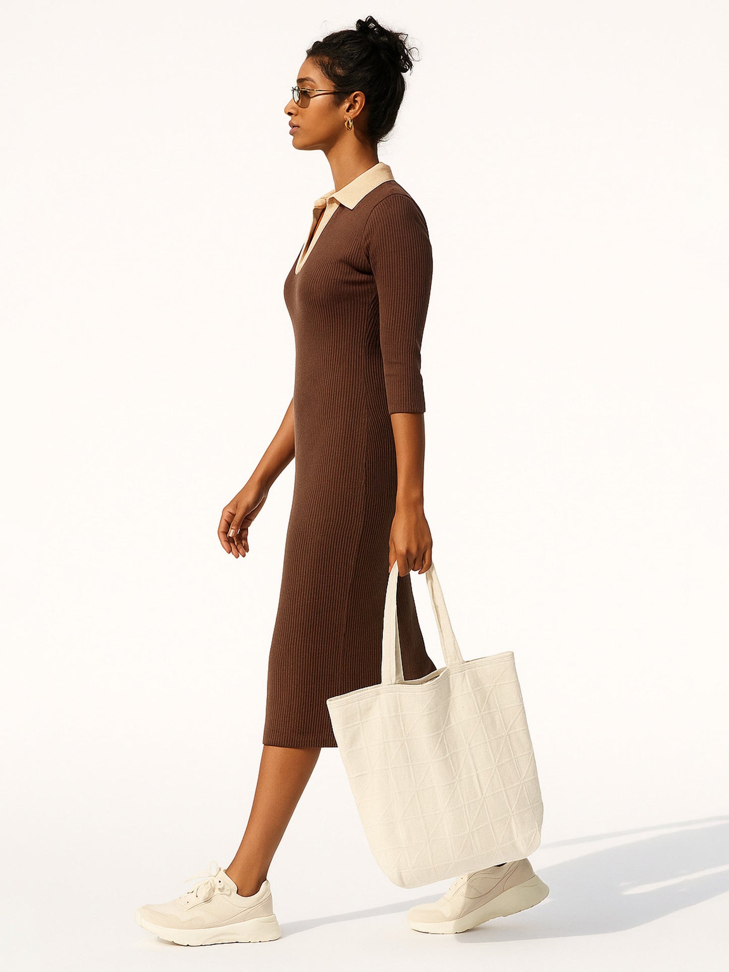 Brown Rib Contrast Collar Midi Dress