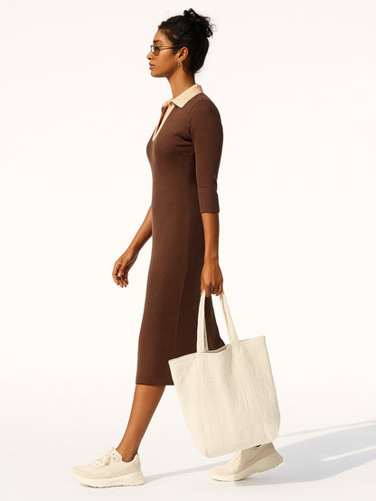Brown Rib Contrast Collar Midi Dress