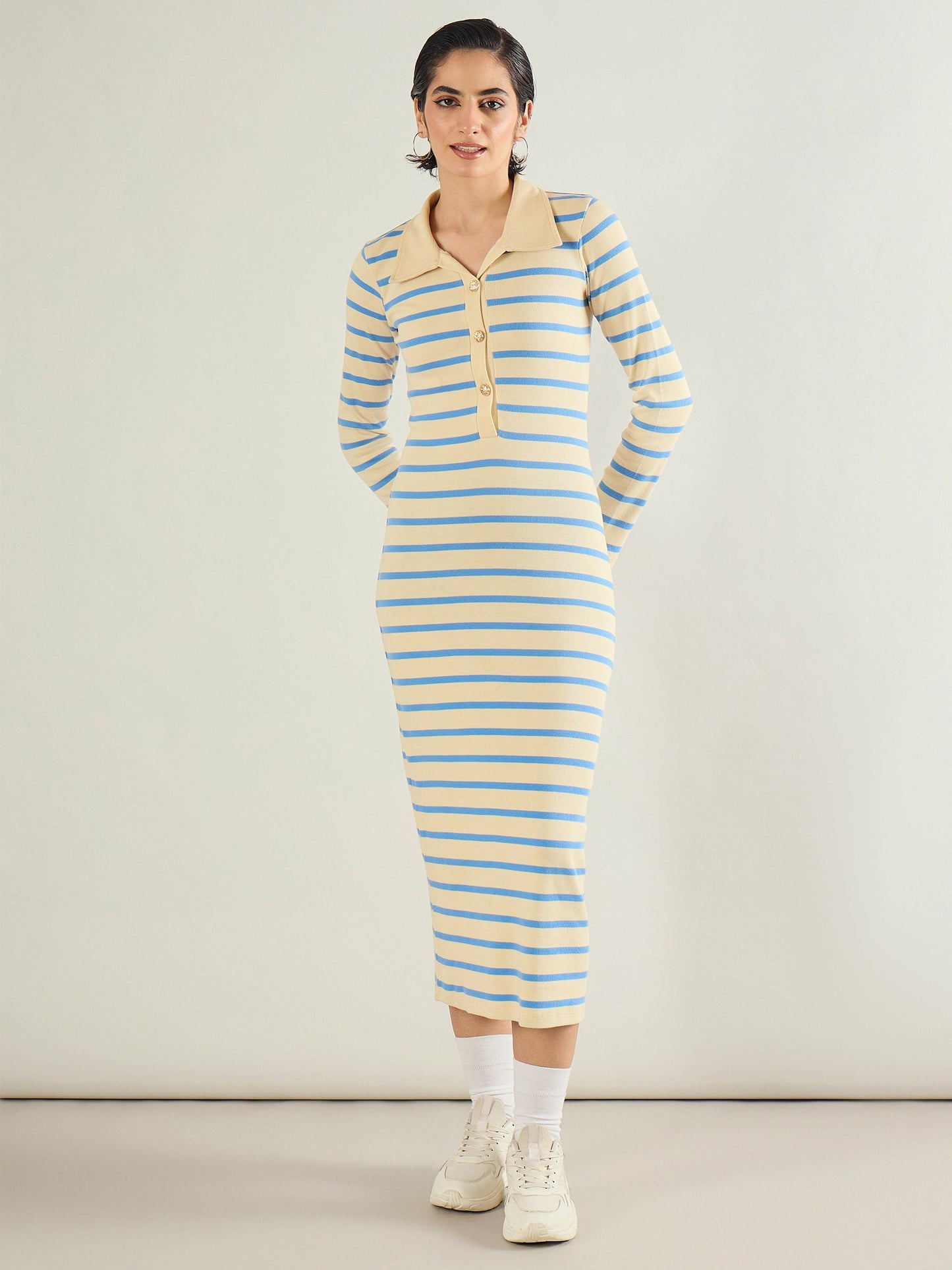 Blue & Off-White Stripe Full Sleeve Midi Dress