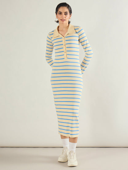 Blue & Off-White Stripe Full Sleeve Midi Dress