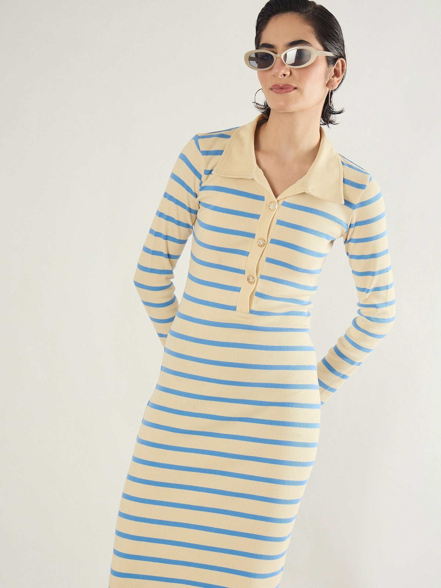 Blue & Off-White Stripe Full Sleeve Midi Dress