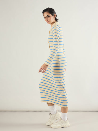 Blue & Off-White Stripe Full Sleeve Midi Dress