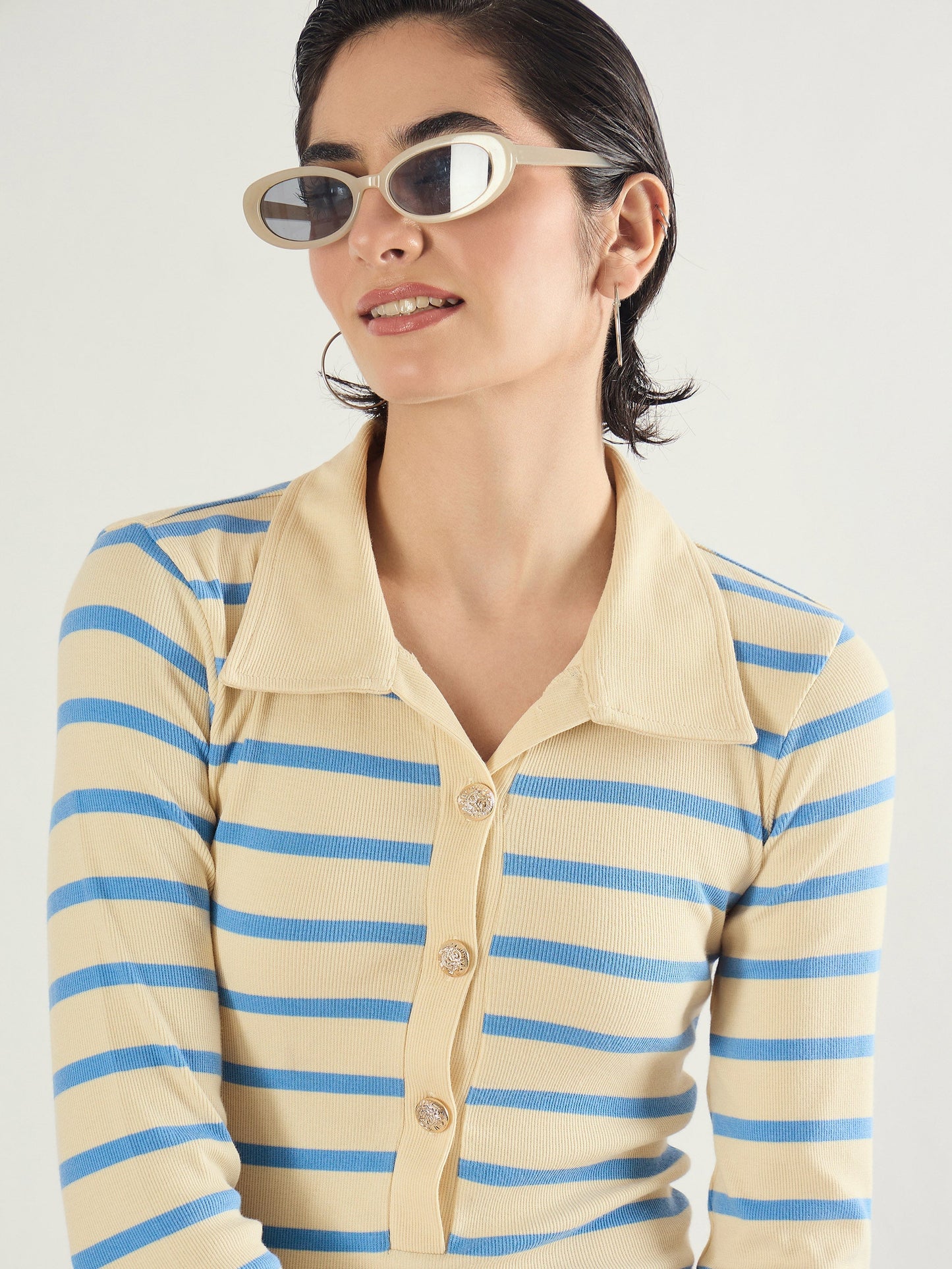 Blue & Off-White Stripe Full Sleeve Midi Dress