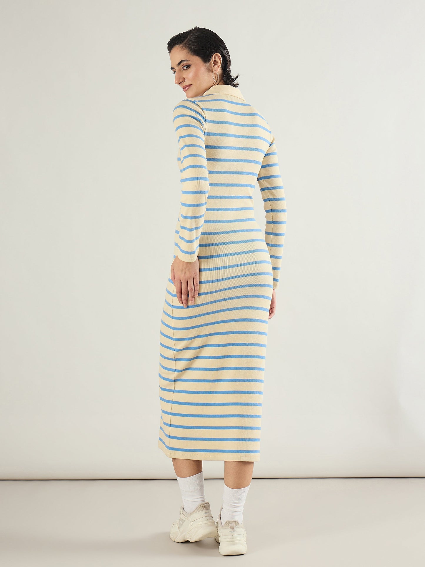Blue & Off-White Stripe Full Sleeve Midi Dress