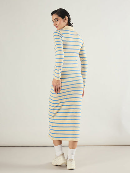 Blue & Off-White Stripe Full Sleeve Midi Dress