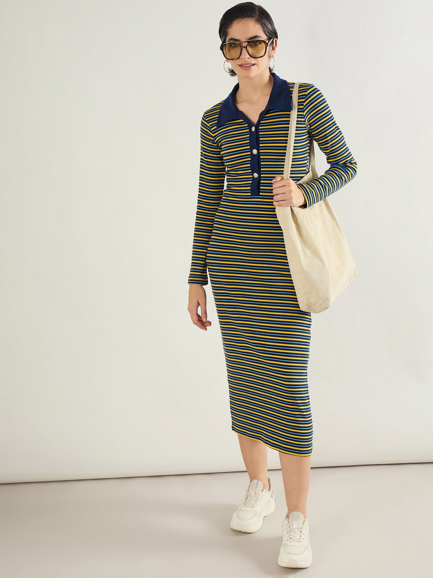 Women Yellow & Blue Stripe Full Sleeve Midi Dress