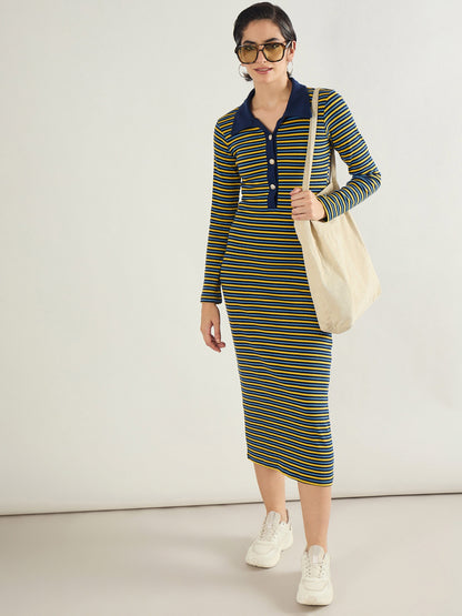 Women Yellow & Blue Stripe Full Sleeve Midi Dress