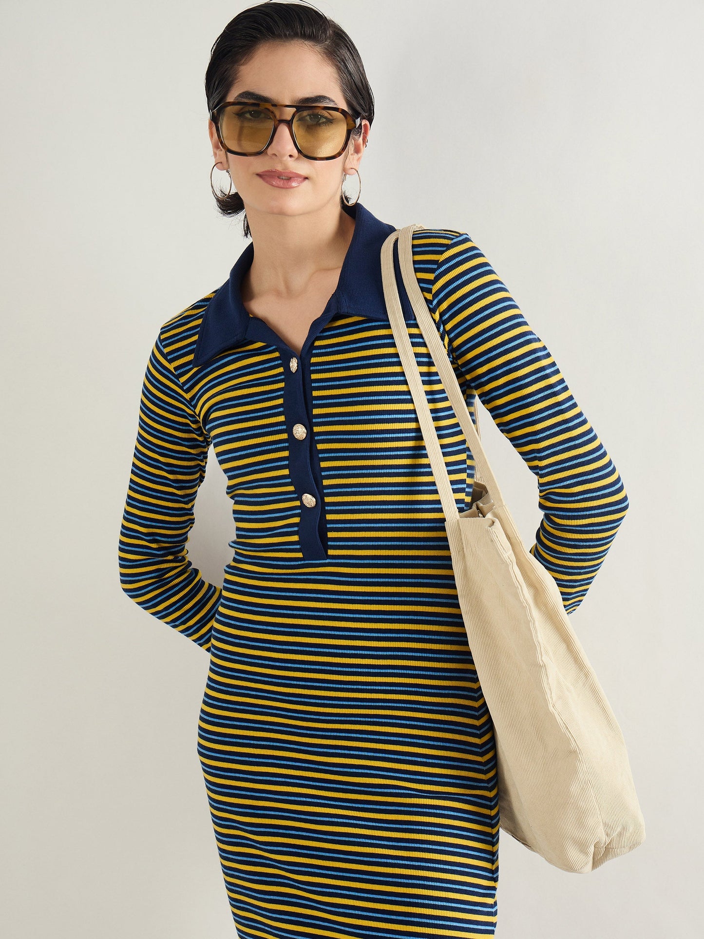 Women Yellow & Blue Stripe Full Sleeve Midi Dress