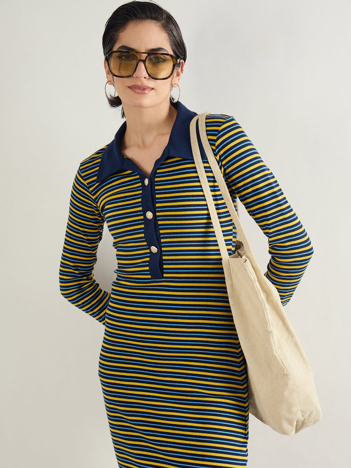 Women Yellow &amp; Blue Stripe Full Sleeve Midi Dress