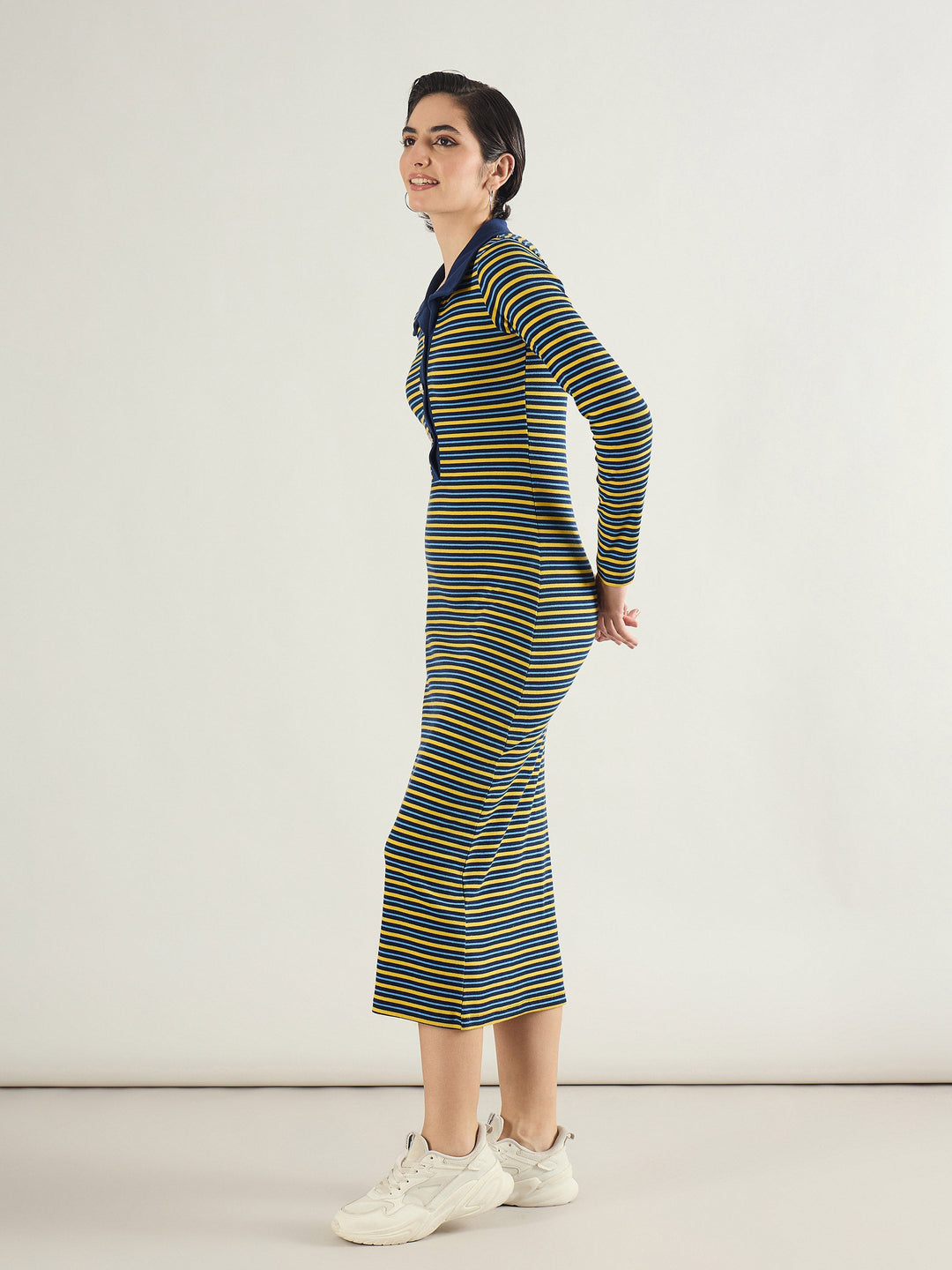 Women Yellow &amp; Blue Stripe Full Sleeve Midi Dress