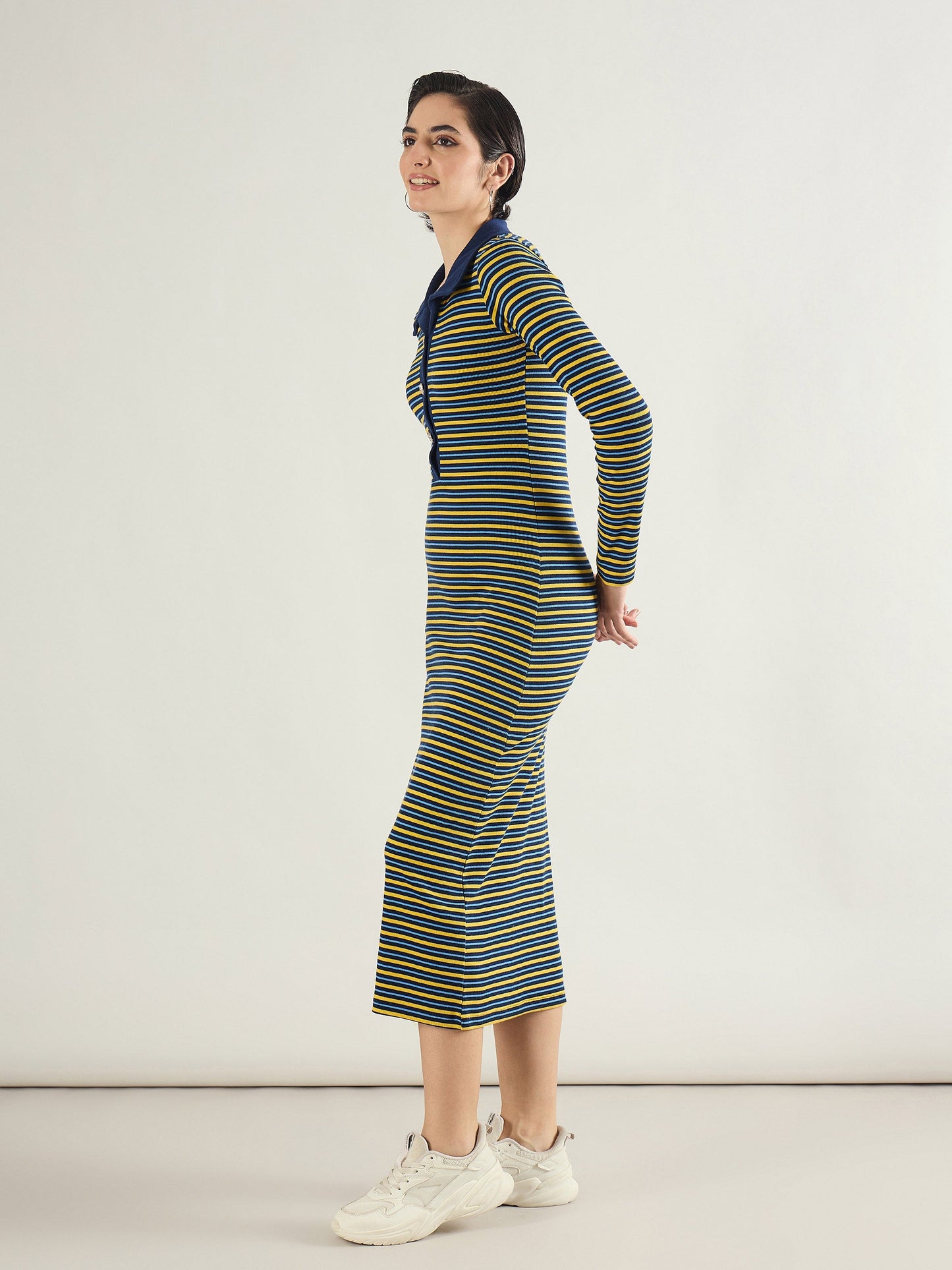 Women Yellow & Blue Stripe Full Sleeve Midi Dress