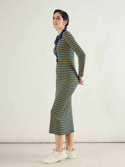 Women Yellow & Blue Stripe Full Sleeve Midi Dress