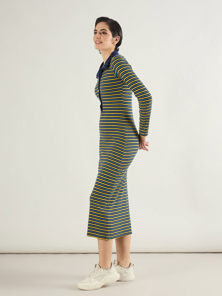 Women Yellow &amp; Blue Stripe Full Sleeve Midi Dress