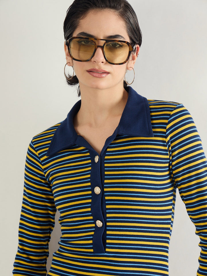 Women Yellow &amp; Blue Stripe Full Sleeve Midi Dress