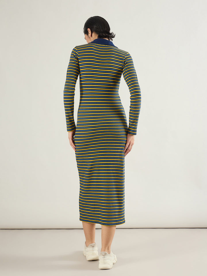 Women Yellow &amp; Blue Stripe Full Sleeve Midi Dress