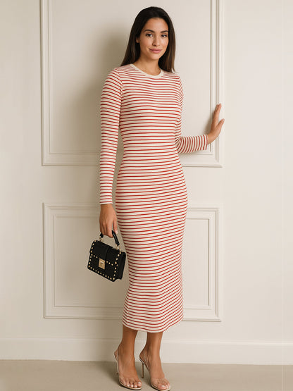 Women Red & Beige Striped Rib Bodycon Midi Dress