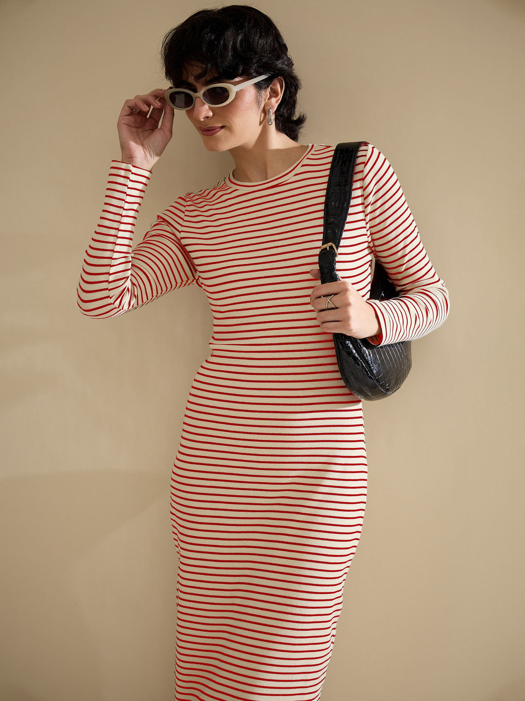 Women Red &amp; Beige Striped Rib Bodycon Midi Dress