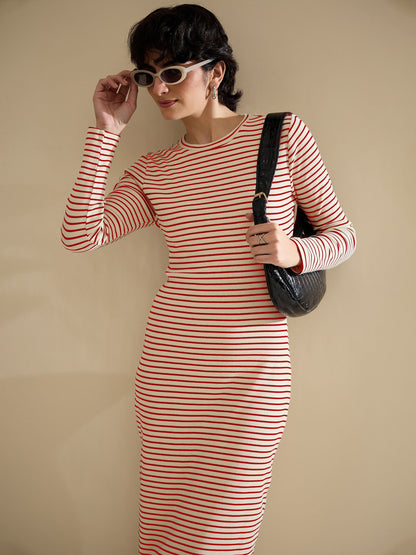 Women Red & Beige Striped Rib Bodycon Midi Dress