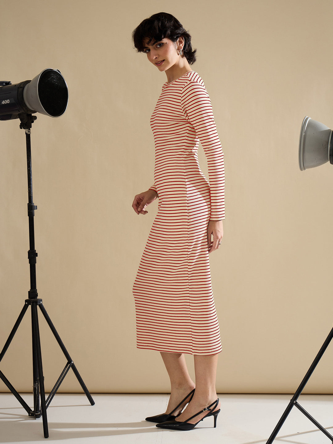 Women Red &amp; Beige Striped Rib Bodycon Midi Dress