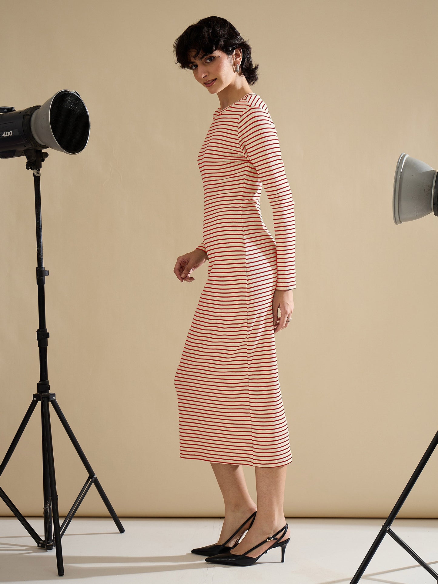 Women Red & Beige Striped Rib Bodycon Midi Dress