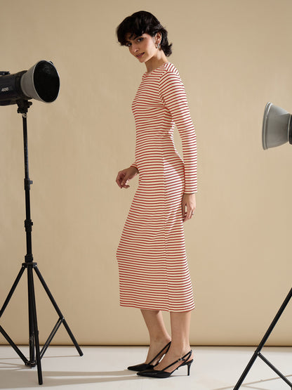 Women Red & Beige Striped Rib Bodycon Midi Dress