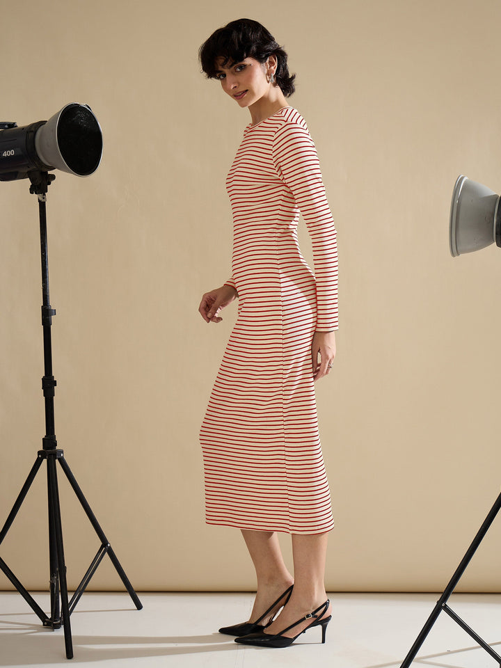 Women Red &amp; Beige Striped Rib Bodycon Midi Dress