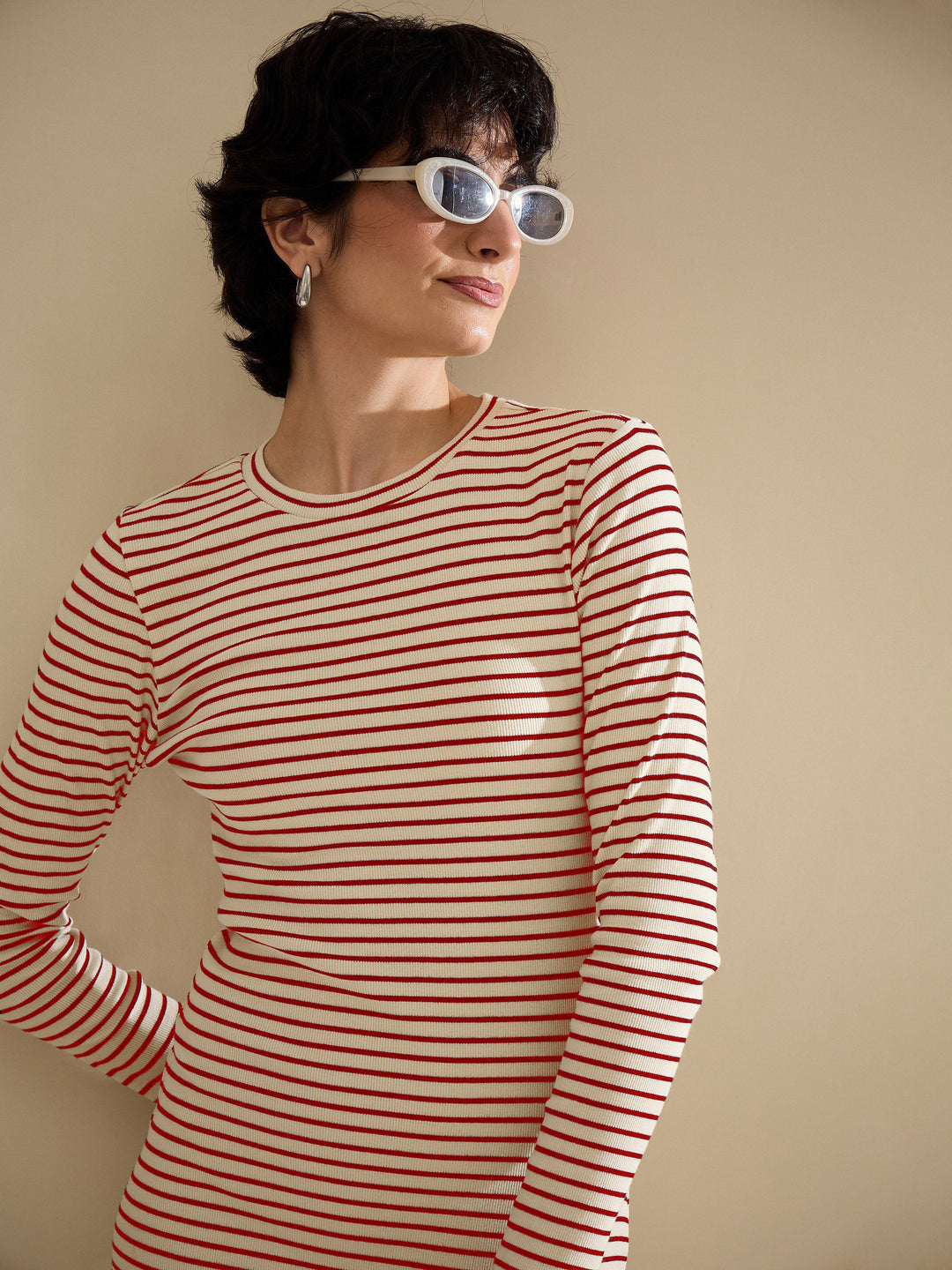 Women Red &amp; Beige Striped Rib Bodycon Midi Dress