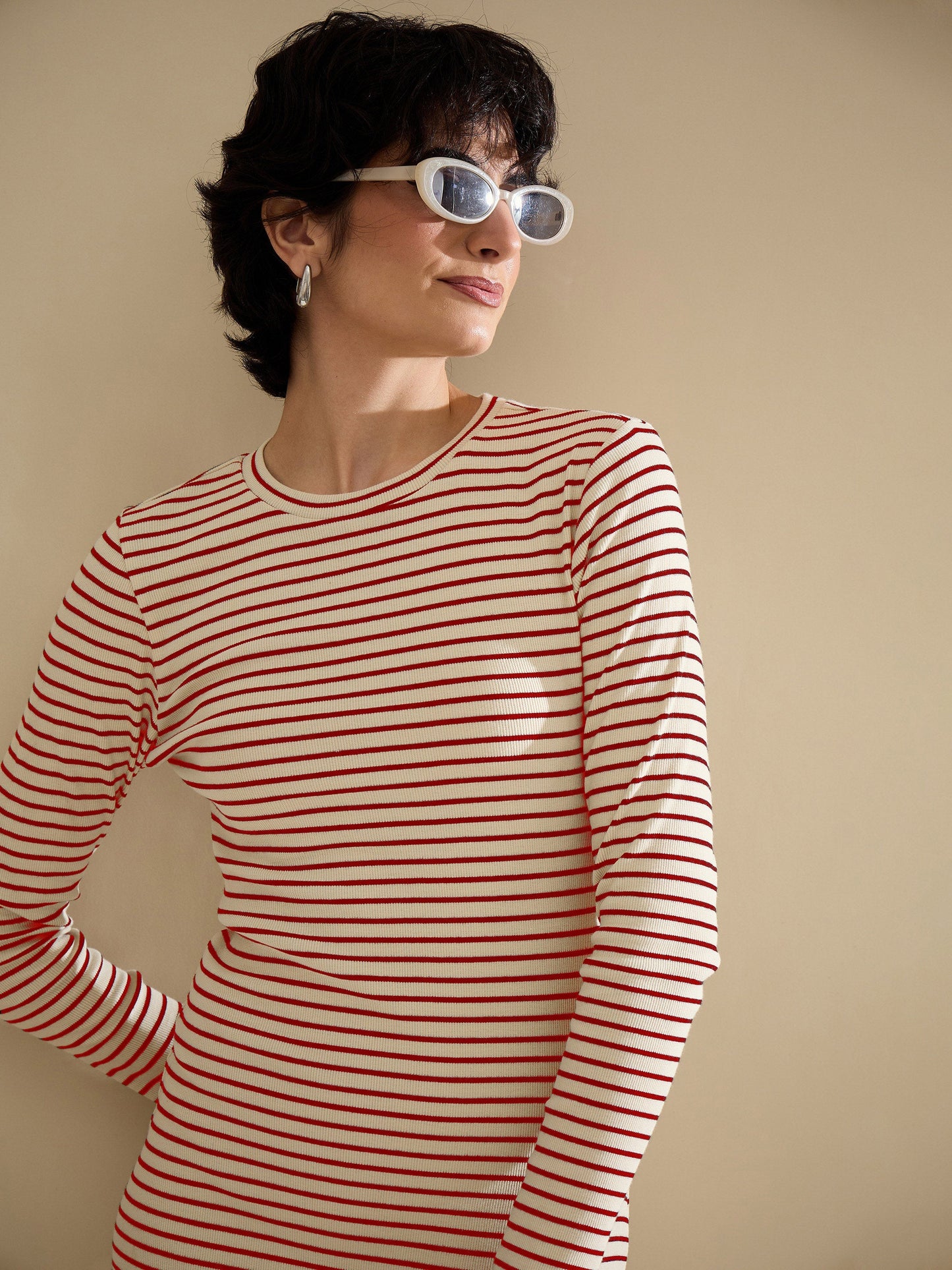 Women Red & Beige Striped Rib Bodycon Midi Dress