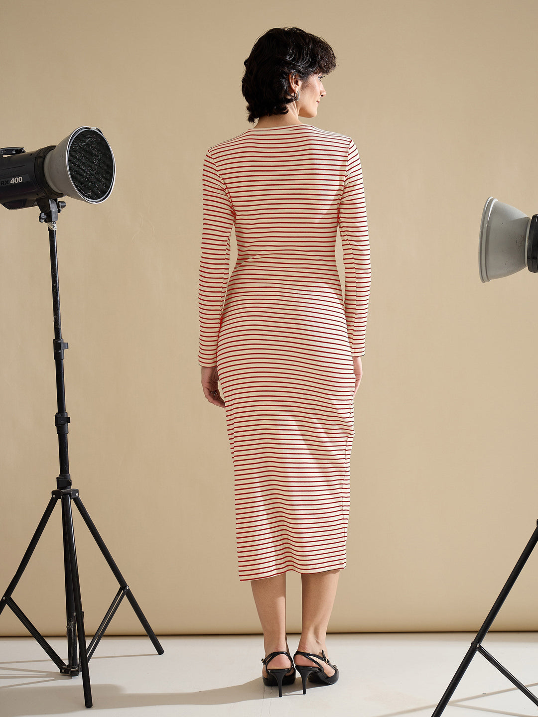 Women Red &amp; Beige Striped Rib Bodycon Midi Dress
