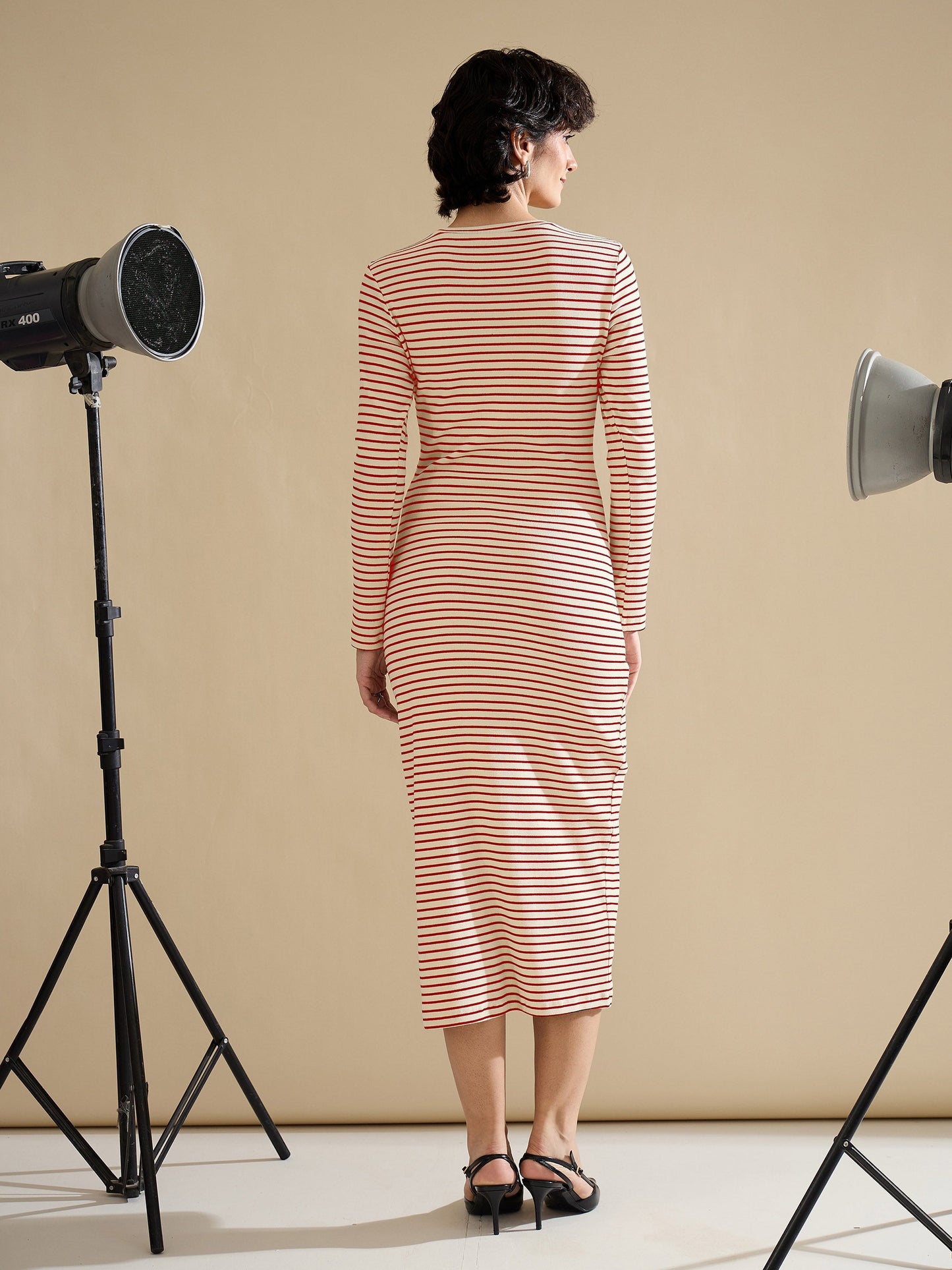 Women Red & Beige Striped Rib Bodycon Midi Dress