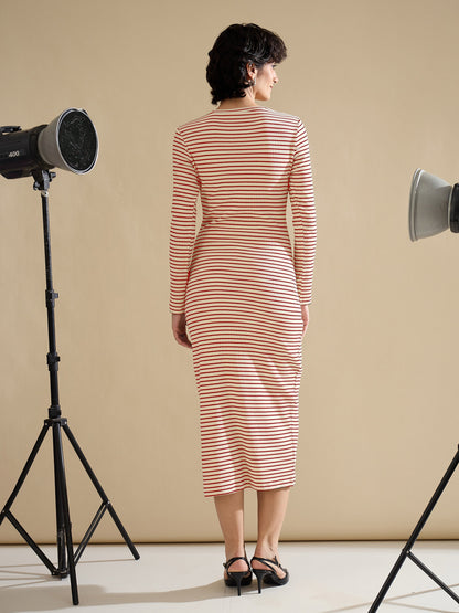Women Red & Beige Striped Rib Bodycon Midi Dress