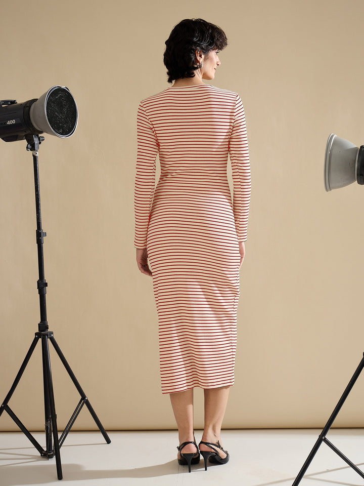 Women Red &amp; Beige Striped Rib Bodycon Midi Dress