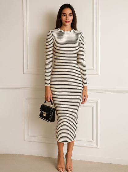 Black & Off-White Striped Rib Bodycon Midi Dress