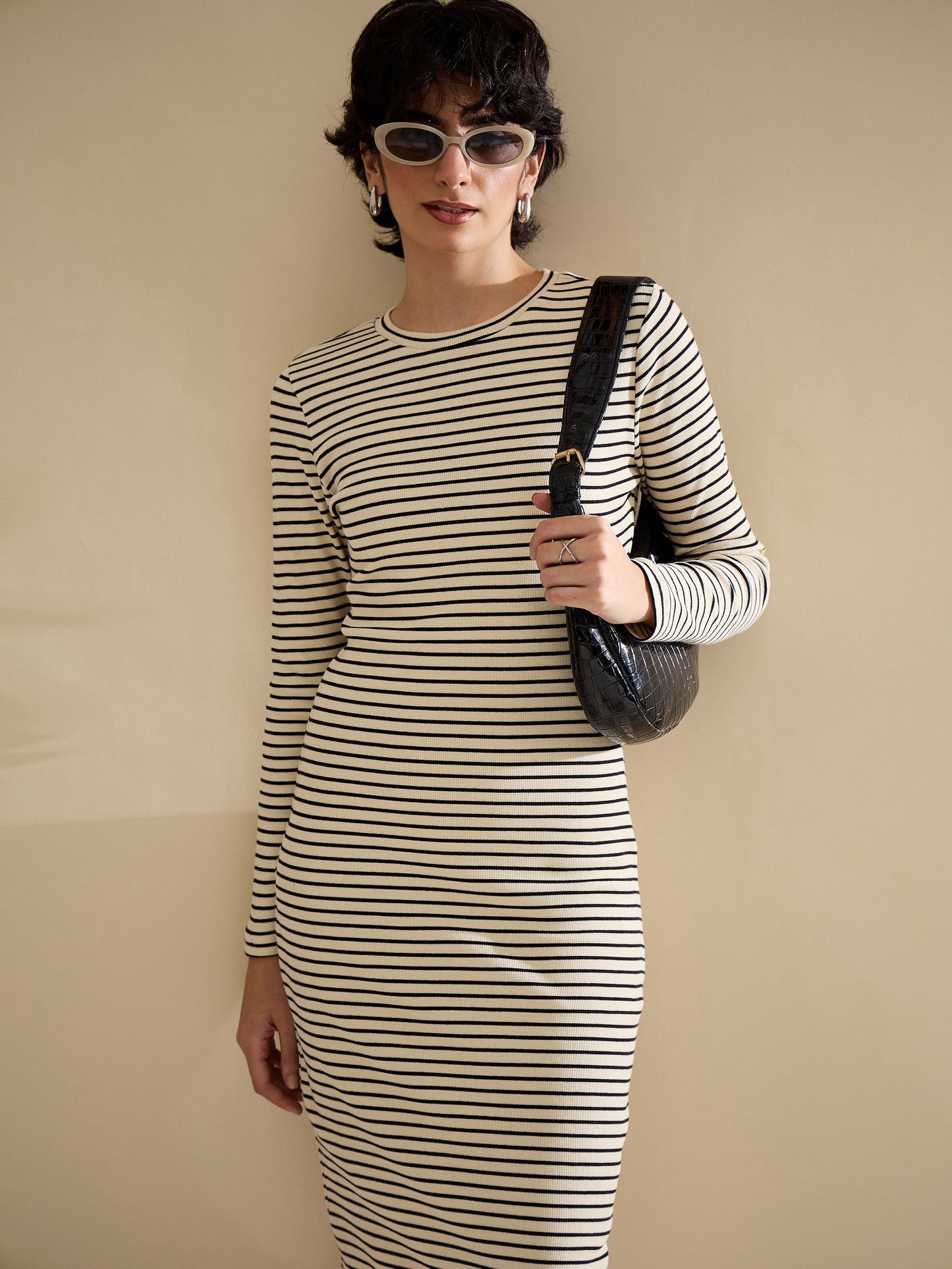 Black & Off-White Striped Rib Bodycon Midi Dress